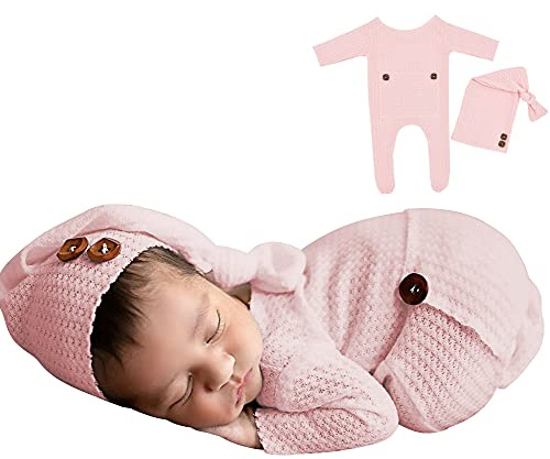 Winmany Baby Crochet Knit Photo Photography Prop Outfits,2PCS Newborn Photo Prop Romper Hats Costume Infant Accessories (Pink)