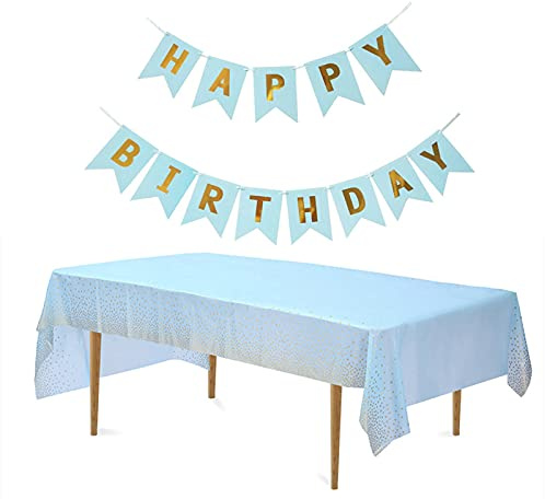 jiuzcare Einweg Tischdecke Geburtstag PEVA 137 x 274 cm, rechteckig blau mit goldenen Punkten, Happy Birthday Girlande, Party Tischdecke für Geburtstagsfeier, Buffet, Kuchentisch und Familienfeier