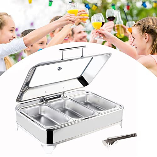 Electric Food Warmers for Parties Buffets, Chafing Dishes Professional Chafer Server Stainless Steel Pans with Clear Lid and Food Tongs for Buffets, Parties and Banquets, Adjustable Temperature, 9L
