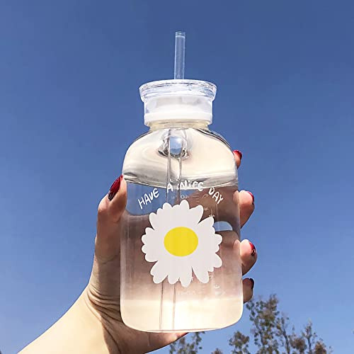JZSMY Flasche mit Skala für Milch, Saft und Wasser, 2 Deckel, kleines Gänseblümchen, süß, matt, tragbar, kreativ, handlich, 480 ml, transparent, 1 Blume
