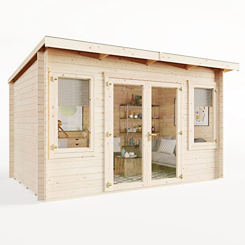 BillyOh Fraya 4m x 2.5m Log Cabin Summer House Shed with Pressure Treated Wood, Modern Pent Roof, Double Doors & Shatterproof Windows – Garden Room, Gym, Outdoor Office, Studio, or Garden House