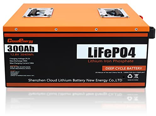 Cloudenergy 12.8V 300Ah LiFePO4 Batterie, eingebautes 100A BMS, 6000+ Tiefe Zyklen,10-Jahres-Lebenszeit, perfekt für Off-Grid, Heimsystem, Wohnmobil, Solar etc