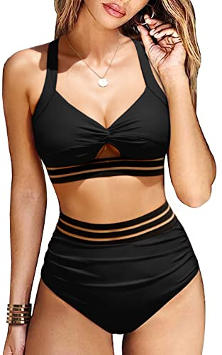 UMIPUBO Bikini Mujer Conjunto de 2 Piezas, Talla Grande Push up Traje De Baño Bikini de Playa de Cintura Alta Bañador(Negro-B,XXL)