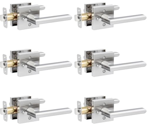 HOSOM 6 Pack Privacy Door Handles Interior for Bedroom and Bathroom, Satin Nickel Interior Door Handles with Lock, Heavy Duty Interior Door Levers, Keyless Reversible Square Door Locks Door Knob
