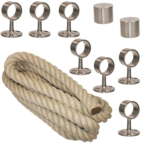 Handlaufseil Set Ø 40 mm – 7 m Nature Touch Polyhanf naturfarben – UV- & witterungsbeständig – inkl. 2 Endkappen, 7 Edelstahl-Seilträgern sowie Schrauben und Dübel – für Treppen und Geländer