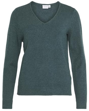 Vila Pull en Tricot pour Femme, col en V, Ponderosa Pine/détail : mélange foncé, S