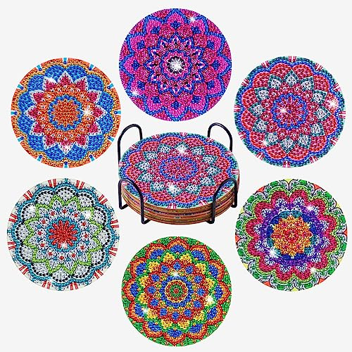 6 Stück Diamond Painting Untersetzer mit Halter, Diamond Painting Erwachsene, Wiederverwendbare DIY Lila Mandala Tassenuntersetzer mit Diamanten und Montagewerkzeuge fur Tassen,Vasen, Kerzen Dekoratio
