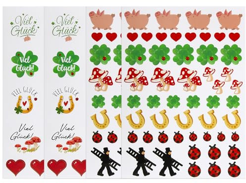 BETESSIN 136pcs Viel Glück Aufkleber Kleeblatt Sticker Glücksbringer Silvester Geschenk Etiketten Schwein Sticker 4cm Herzen Marienkäfer Hufeisen Neujahr Weihnachten Geschenkaufkleber Scrapbooking