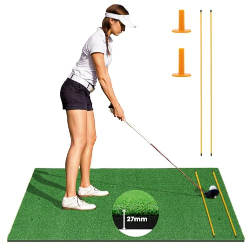 Goplus Golf Mat, 5x3ft/5x4ft Golf Hitting Mat 20/25/27/32mm Thick w/2 Alignment Sticks & 2 Golf Tees, Portable Artificial Turf Grass Training Mat Practice for Indoor Outdoor (5 FT x 3 FT, 27mm)