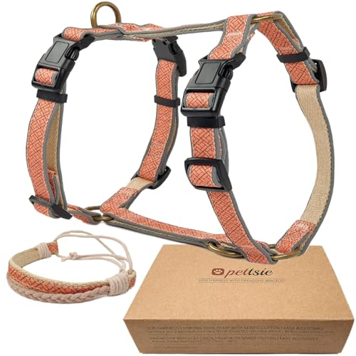 Pettsie No-Pull Hundegeschirr, reflektierend, 4 verstellbare Riemen, einfache Kontrolle mit 2 Leinenclips, passendes Freundschaftsarmband, weicher Hanf für empfindliche Haut, S, Orange