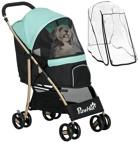 PawHut Dog Stroller with Rain Cover, Foldable Dog Pram, 4 Wheels Pet Pushchair with Safety Leashes, for Small, Miniature Dogs, Cats - Green