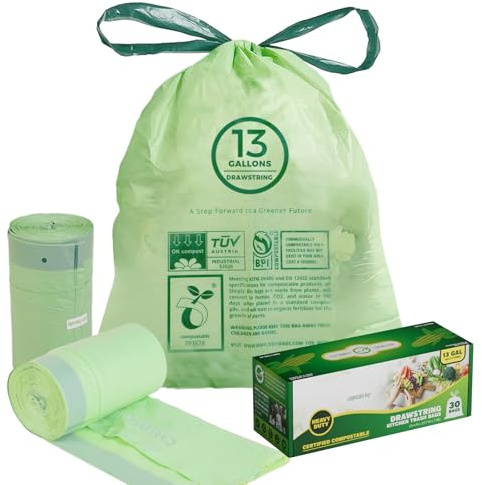 13 Gallon Compostable Trash Bags with Drawstring, Heavy Duty Extra Thick 1 Mil, 49.21 Liter, 30 Bags, Tall Kitchen Food Scrap Waste Bag, ASTM D6400, US BPI and OK Compost Home Certified