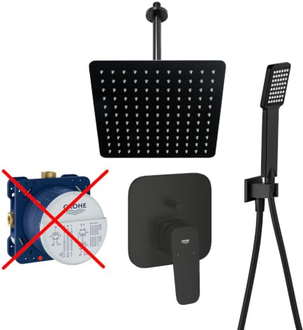 vanvilla Duschsystem Unterputz mit Duscharmatur Grohe schwarz GS02-ob | Duscharmatur von Grohe Cubeo Einhebelmischer und vanvilla Regendusche Duschkopf eckig, Dusch-SET schwarz matt