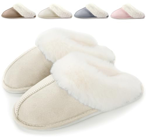 Hausschuhe Damen Herren Winter Plüsch Warm gefüttert Hausschuhe Pantoletten Bequeme rutschfeste Flache Slippers Beige, 40/41 EU