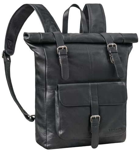 STILORD Herakles Premium läder Rolltop ryggsäck 17 tum laptopryggsäck stor vintage backpacker ryggsäck dam vandringsryggsäck herr cykelryggsäck äkta läder Farbe:Svart