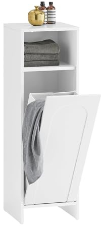 SoBuy Wäscheschrank mit Wäschesack – Badezimmerschrank mit herausnehmbarem Wäschekorb und Silikon-Fußschutz – platzsparender Badschrank aus Holz für kleines Badr, Gäste-WC, Weiß 30x97x30cm BZR161-W | Waschtisch mit abnehmbarem Sack, Badezimmerschrank mit Füßen aus Silikon, für kleine Räume, BZR161-W