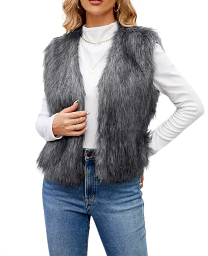 FeMereina Womens Faux Fur Vest Cropped Sleeveless Warm Winter Shaggy Open Front Outerwear Vest (Dark Grey, XL)