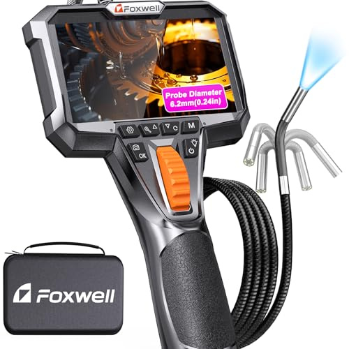 FOXWELL Y400 Two-Way Articulating Borescope with Light, 0.24in Ultra-Slim Probe, 220° Articulation, IPS HD Screen, Industrial Endoscope Inspection Camera for Automotive Engine, HVAC & Plumbing – 5.3FT