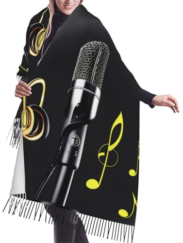 IPPONGET Sciarpa da donna con stampa di note musicali con microfono e frange sciarpa morbida calda scialle chic sciarpa scialle testa per autunno inverno, nero, taglia unica, Nero, taglia unica