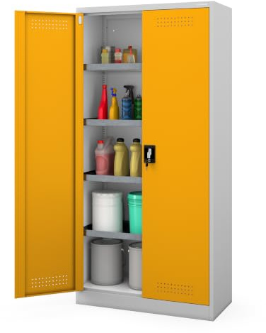 Jan Nowak Stahlschrank für Chemikalien 90 x 185 x 40 cm | Abschließbar, Belüftungslöcher | 4 Regalböden mit Auffangwannen | Chemikalienbeständig, Korrosionsbeständig | Maria | Grau-Gelb