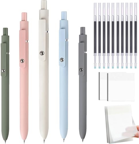 Ayicheyl 5 Stück Gelstifte mit 4pcs Sticky Notes, 0.5mm Gelschreiber Schwarz & Transparente Haftnotizen, Gel Pen Fein Schnell Trocknende Tinte für Tagebuch, Zeichnung, Schule, Büro (19 Pcs)