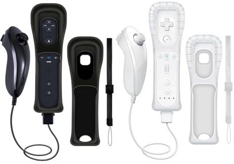 CLVIZCXOM 2 Sets Remote Fit for Wii/Wii U with MotionPlus (Black & White) | 2 Remotes + 2 Nunchuks + 2 Cases + 2 Straps, Compatible with Nintendo Console