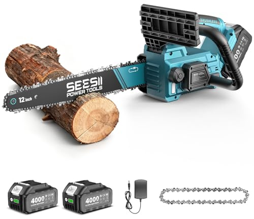 SEESII Motosega a Batteria 12 Pollici, 1200W Motosega Elettrica Motore Brushless, 2x4000mAh Batterie, Tensionamento Catena Senza Attrezzi, Perfetta per Potatura e Taglio del Legno
