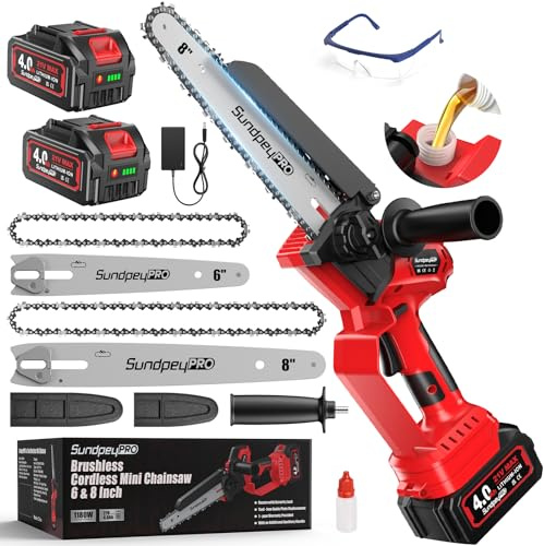 SundpeyPRO Mini Chainsaw Cordless 8 & 6-Inch - Brushless Battery Chainsaw with 2×4000mAh Batteries, Electric Handheld Saws to Cut Wood and Garden Branches with Automatic Oiler and Adjustable Chain