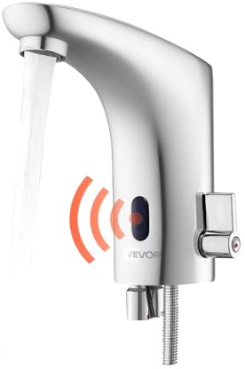 VEVOR Mitigeur Automatique sans Contact, Robinet à Capteur de Lavabo, Mélangeur d’Eau Chaude et Froide Réglable Mains Libres, à Piles, pour Tuyau 9,5 mm, Bar Cuisine Salle de Bain, Chromé Argent