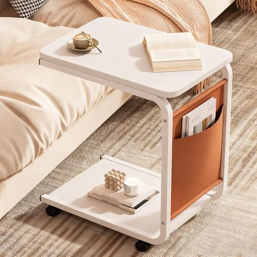 Laptop-Tisch mit Rollen, Perfekte Ergonomie, Pflegebett Beistelltisch, Vielseitig Platzsparend, Gestell aus Metall, für Sofa, Bett oder Büro, Kleiner Schreibtisch(White,40*28*63cm/15*11*24in)