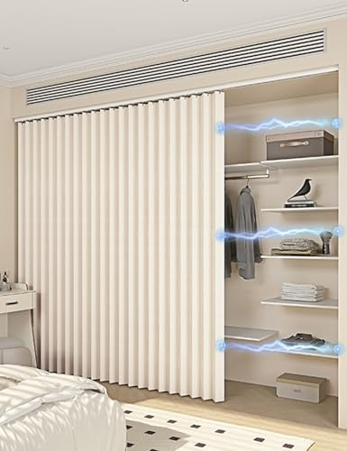 Aeovot Rideau Armoire Dressing Rideau Cache Placard sur Mesure avec Rail Coulissant - Meuble Rideau Cuisine Imperméable Anti-Poussière Rideaux D'armoires pour Étagères sous Evier(Beige)