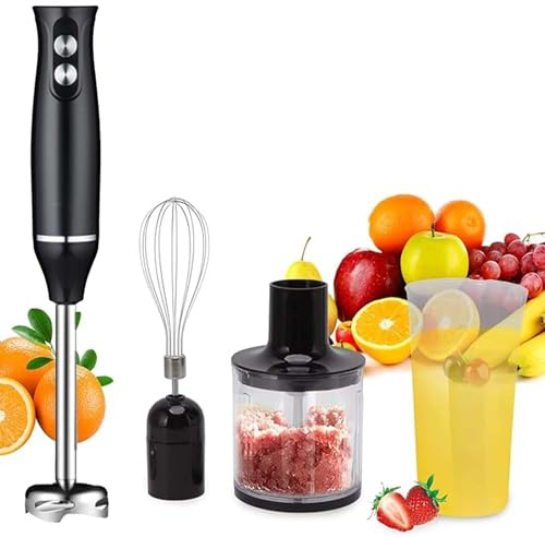 Batidora de Mano de Acero Inoxidable, Batidora de Varilla 4 en 1 de 500 W, 2 Velocidades Ajustables, con Batidor, Picadora de 500 Ml y Vaso Medidor de 700 Ml, Procesador de Alimentos