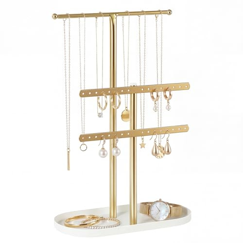 VIRETH HAUS Organisateur de Bijoux à 3 Niveaux, Porte-Bijoux Doré avec Plateau, Support à Bijoux pour Colliers, Bracelets, Boucles d’Oreilles, Montres et Bagues, Cadeau pour Femme