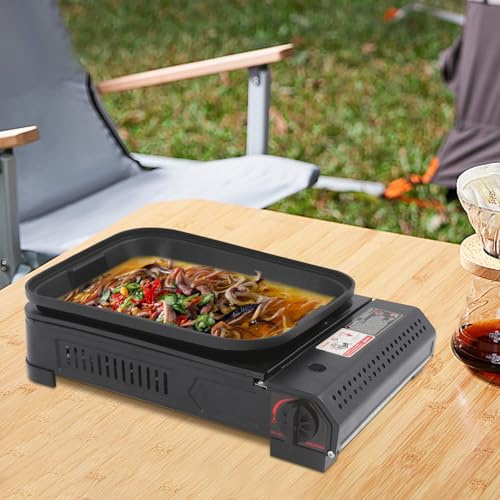 PUDLOR Barbecue à gaz de camping 2100 W - Réchaud à gaz de camping avec poêle à griller - Réchaud de camping portable - Barbecue de table - Plaque de distribution de chaleur intégrée - Régulateur de