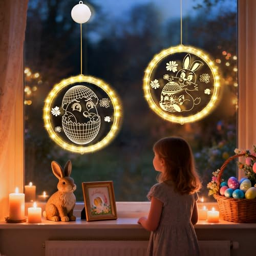 Nexoria 2 Stück Osterdeko Led Fenster Licht, Lichterkette Ostern LED Fensterbeleuchtung mit Saugnapf Ostern Deko Lichterkette Fensterlichter Osterbeleuchtung Batteriebetrie für Fenster Deko (F)