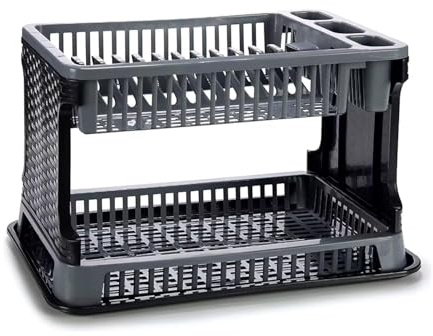 MIMOCASA Escurreplatos Plastic, Escurridor de Platos 2 Capas con Bandeja, Gran Capacidad y Resistencia, 44.5x30.4x27.5cm, Negro