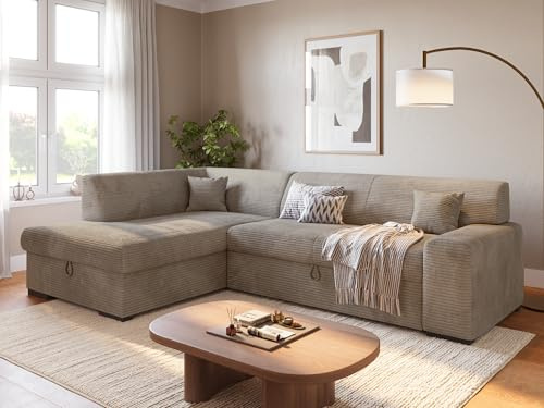 BROMARKT Ecksofa mit Bettkasten Schlaffunktion L 260cm Links Beige | Wohnlandschaft mit Schlaffunktion und Bettkasten L-Form Schlafcouch Eckcouch Bettsofa 3 sitzer Cordstoff Sofa für Wohnzimmer