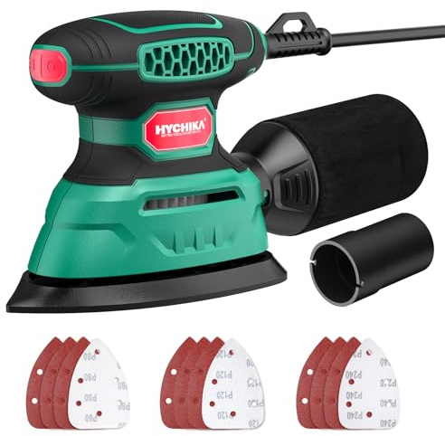 HYCHIKA Detail Sander, 140W Mouse Sander for Wood with Dust Collector & Vacuum Adapter, 13000 OPM Mini Dustless Sanding Machine, 12pcs Sandpapers, Compact Design, Model TX104