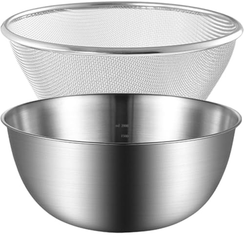Uonlytech Colador de Acero Inoxidable de 26 Cm y Recipiente de Drenaje Multifuncional, Cesta para Lavar Arroz, Frutas y Verduras, Tazón Mezclador Fondo Plano Antideslizante para Cocina