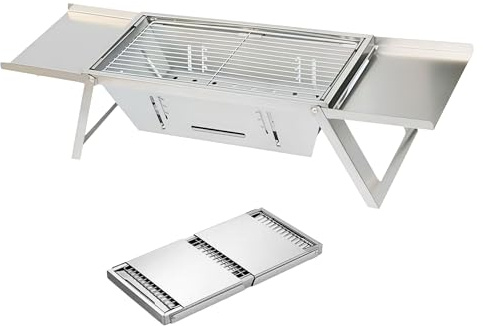 Y'Tbvrt Parrilla de camping portátil de acero inoxidable, barbacoa de carbón plegable para exteriores, picnic, jardín y viajes, montaje rápido, compacta y fácil de transportar