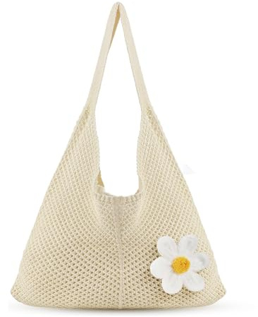 exylosluxek Bolso de Croché, Bolso de Mano Tejido a Ganchillo, Bolso de Playa Beige de Hombro con Flor Tejida a Mano, para Playa, Compras y Uso Diario