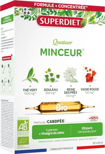 Minceur, Drainage, Elimination rénale - Bio - Ampoules | Cure de 20 ampoules 10ml- Thé Vert, Bouleau, Reine des Prés, Vigne Rouge, Vinaigre de Cidre- Fabrication française- Superdiet