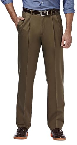 Haggar Men's Premium No Iron Classic Fit Expandable Waist Pleat Front Pant, Toast, 42x29