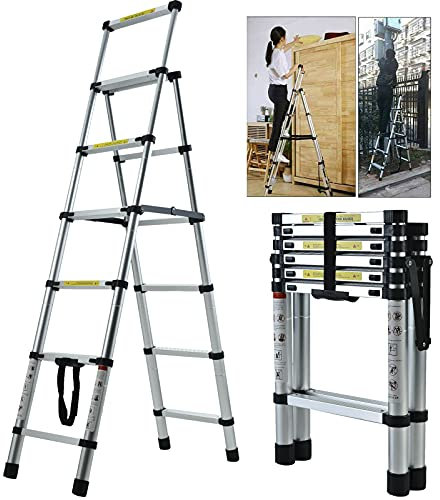 6 Step Ladder Telescopic Step Ladder Aluminum Non Slip 6 Treads Tall Stepladder Heavy Duty 150KG Load Capacity for Home Kitchen Office Household EN131 Approved
