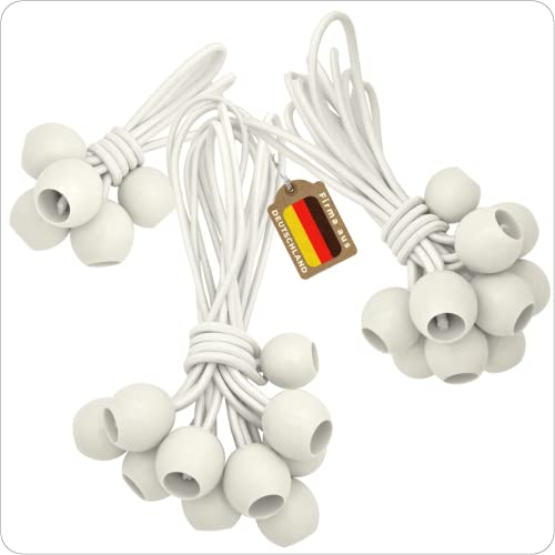 LUCIAMO Spanngummi mit Kugel - Set 100/150/200 mm (25 Stück) für Pavillon, Zelt, Sonnensegel, Plane, Balkonsichtschutz, Banner I Gummispanner I Expander-Schlingen I Planenspanner I Zeltgummi (Weiß)