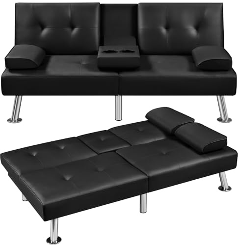 Yaheetech Convertible Sofa Bed Adjustable Couch Sleeper Modern Faux Leather Recliner Reversible Loveseat Folding Daybed Guest Bed, Removable Armrests, Cup Holders, 3 Angles, 772lb Capacity, Black