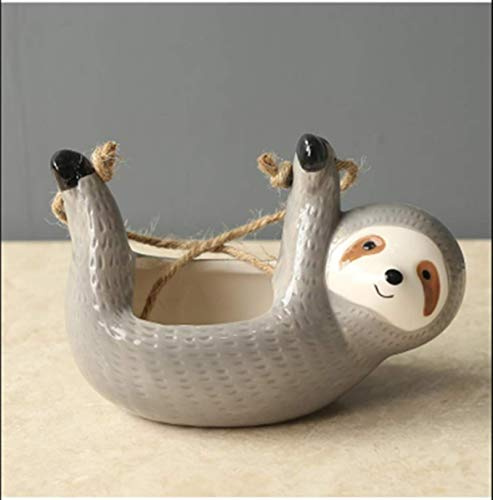 Hwydo Cute Sloth Shaped Planter Ceramic Hanging Flower Pot Succulent Plant Garden (Gray hanging basket)