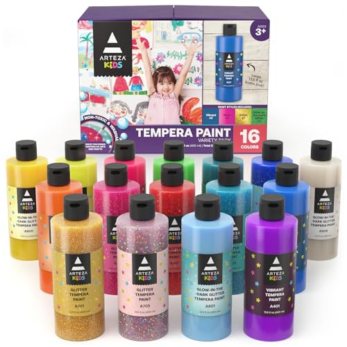 Arteza Tempera Paint Set 16 Washable 13.5 fl oz Bottles, Fast-Drying Tempera Paint for Arts and Crafts, Posters, Paper & Creative Projects