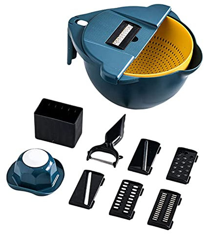 Pipicat Affettaverdure con cestello di scarico, per mandoline, tagliaverdure a rotazione multifunzione per cipolle, carote, aglio, patate, insalata di frutta