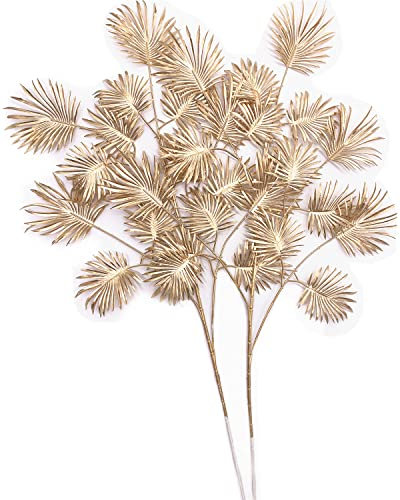 Christmas Decor Artificial Gold Plants 30 Tall 2 Pack, Faux Golden Fans Palm Leaves Plastic Fake Tropical Grass Flowers for Home Indoor Room Wedding Centerpiece Decoration Hall Table Vase Filler DIY